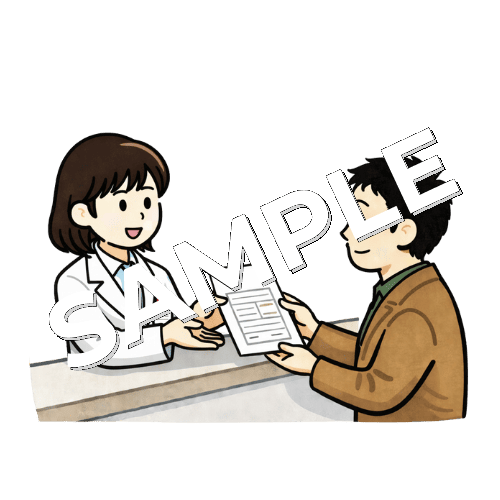 女性薬剤師が男性患者に問診票を手渡しているイラスト