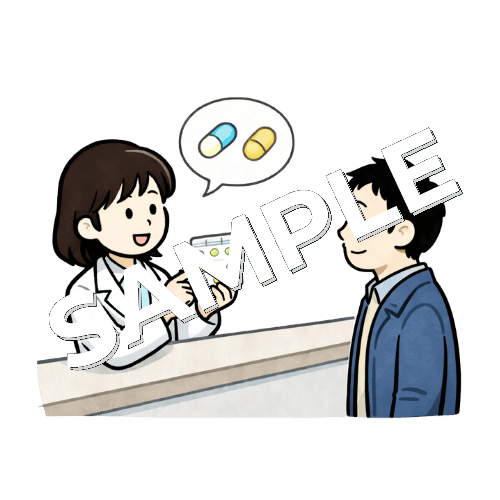 女性薬剤師が男性患者に薬の指導をしているイラスト