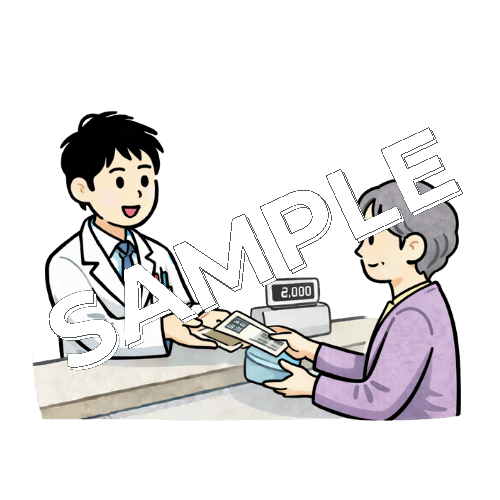 男性薬剤師が高齢女性患者のレジ対応をしているイラスト