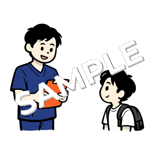 男性柔道整復師とランドセルを背負った小学生の男の子のイラスト