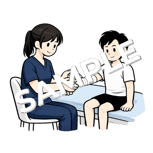 少年の肘にテーピングを巻く女性柔道整復師のイラスト