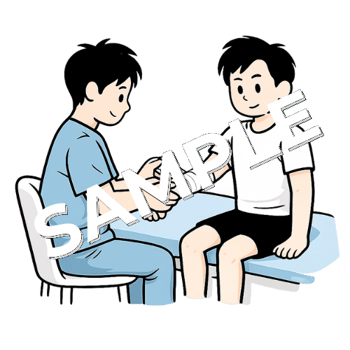 男性の肘にテーピングを巻く男性柔道整復師のイラスト