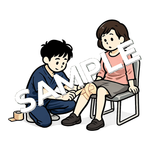 女性の膝にテーピングを巻く男性柔道整復師のイラスト