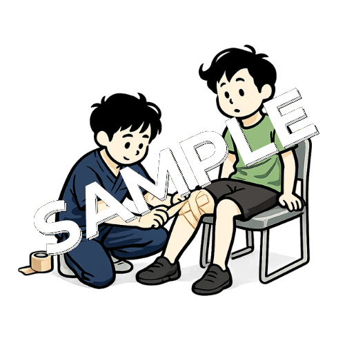 少年の膝にテーピングを巻く男性柔道整復師のイラスト