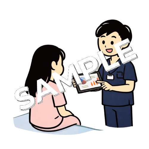 タブレットを使って女性患者に説明をする男性柔道整復師のイラスト