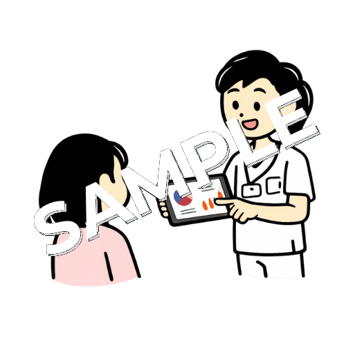 タブレットを使って女性患者に説明をする女性柔道整復師のイラスト