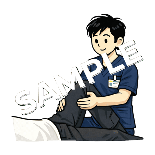 股関節のアセスメントをおこなう男性柔道整復師のイラスト