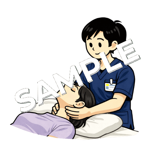 女性患者の頸部のアセスメントをおこなう女性柔道整復師のイラスト