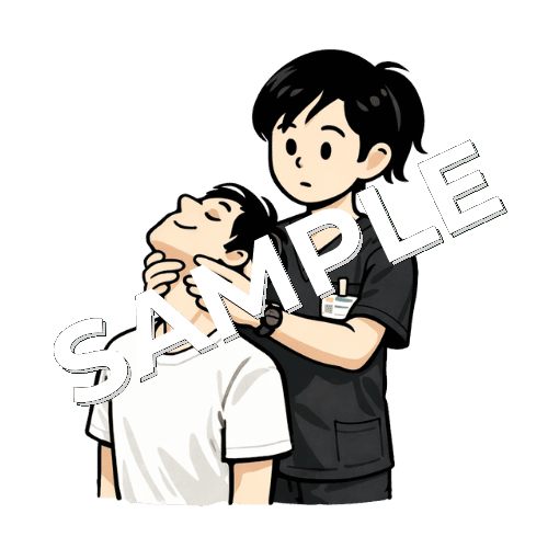 男性患者の頸部のアセスメントをおこなう女性柔道整復師のイラスト