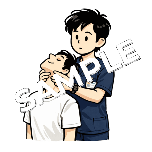 男性患者の頸部のアセスメントをおこなう男性柔道整復師のイラスト