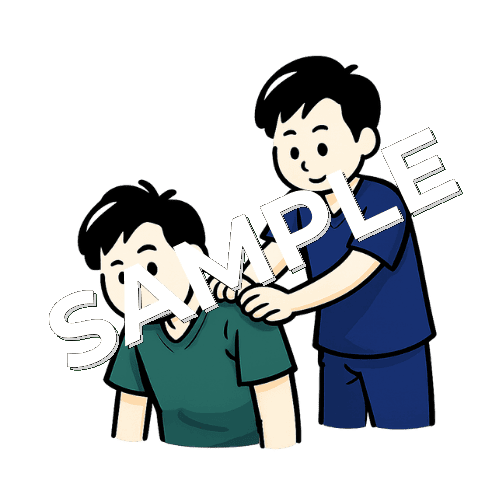 男性患者の肩関節のアセスメントをおこなう男性柔道整復師のイラスト