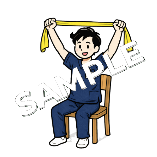 セラバンドで広背筋トレーニングをしている男性柔道整復師のイラスト