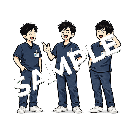 談笑しているネイビーのスクラブを着た3人の男性柔道整復師のイラスト