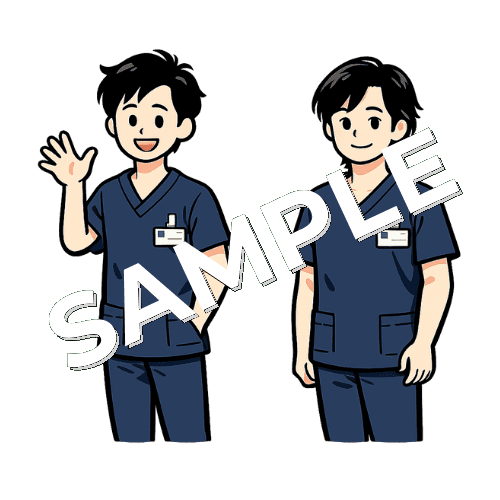 ネイビーのスクラブを着た2人の男性柔道整復師のイラスト