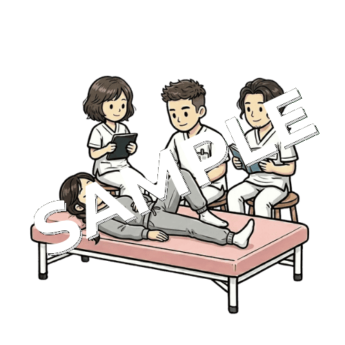 股関節の治療の実技勉強会をしている柔道整復師のイラスト