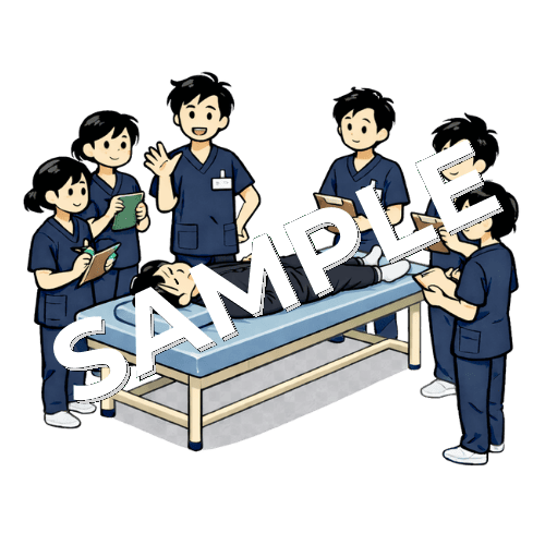 勉強会で実技練習をしている柔道整復師のイラスト
