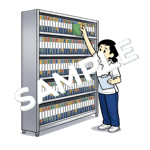 カルテを棚から取り出す女性柔道整復師のイラスト