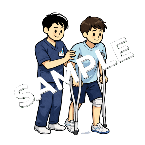 男性患者の松葉杖歩行の指導をしている男性柔道整復師のイラスト