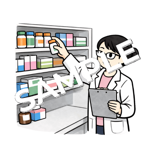 棚から薬を取っている眼鏡をかけた女性薬剤師のイラスト