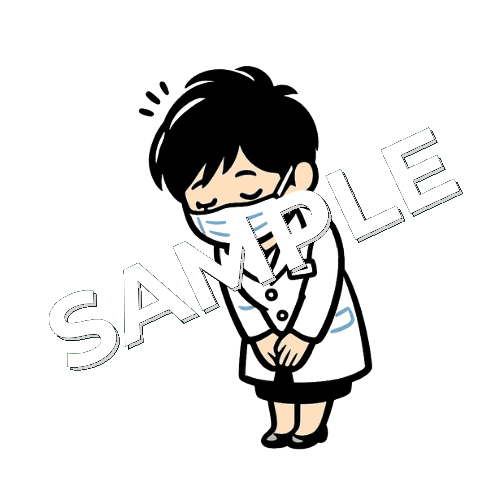 お辞儀をしているマスクをつけた女性薬剤師のイラスト