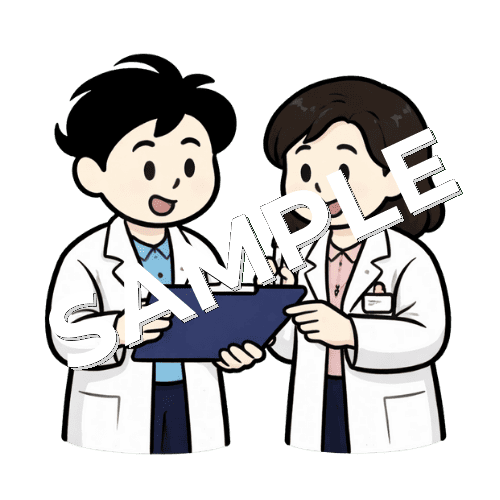 ボードを見ながら話し合いをしている薬剤師のイラスト