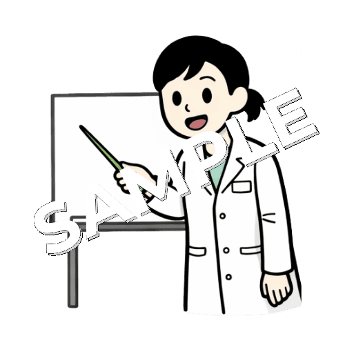 ホワイトボードを指しながら話している女性薬剤師のイラスト
