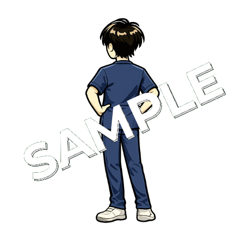 両手を腰にあてて後ろ向きで立っている男性理学療法士のイラスト