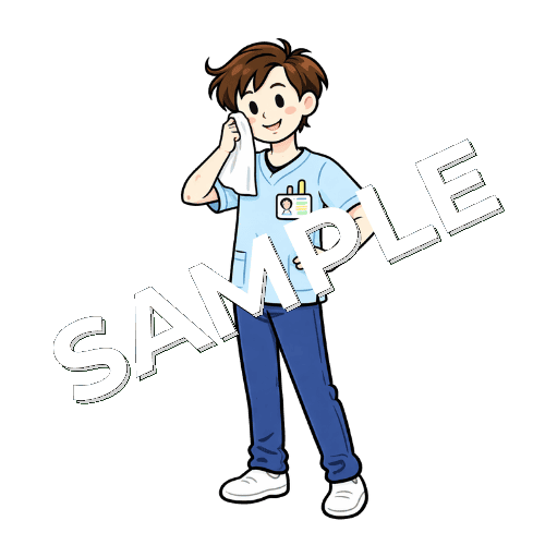 汗を拭く男性作業療法士のイラスト