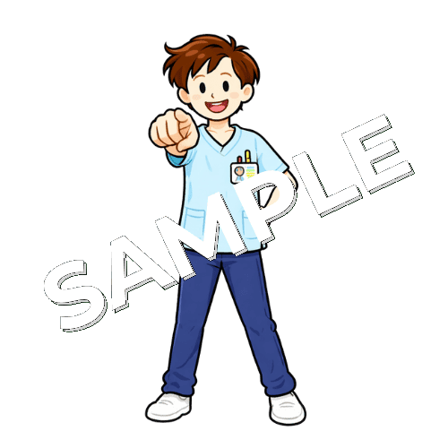 正面を指さす男性作業療法士のイラスト