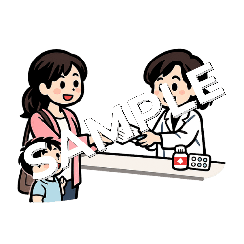 女性薬剤師が親子とやりとりをしているイラスト