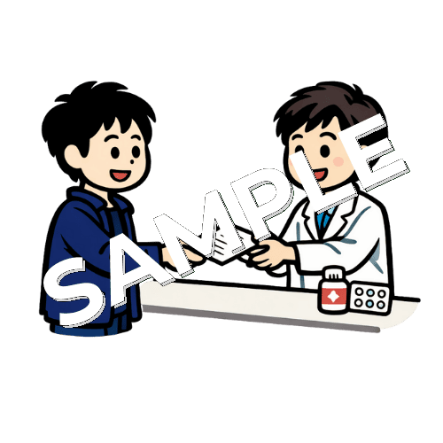 男性薬剤師が青いジャケットを着た男性患者とやりとりをしているイラスト