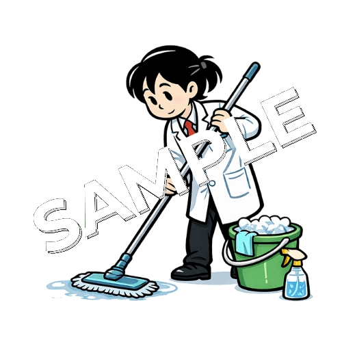掃除している女性薬剤師のイラスト