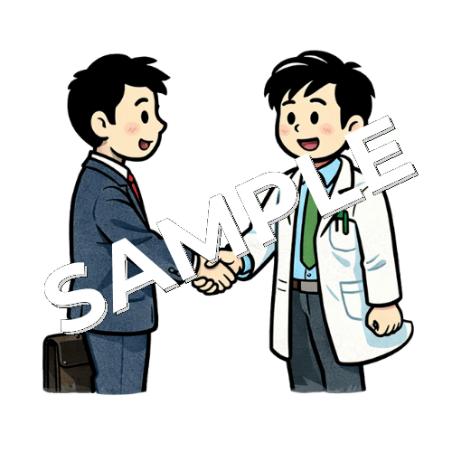 男性薬剤師と会社員の男性が握手しているイラスト