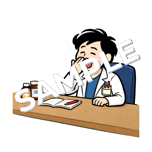 眠そうにあくびをしている男性薬剤師のイラスト