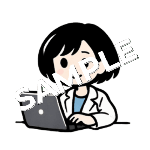 パソコンで入力しているボブヘアの女性薬剤師のイラスト