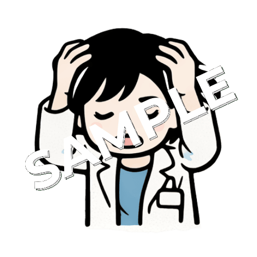 頭を抱えるのボブヘアの女性薬剤師のイラスト