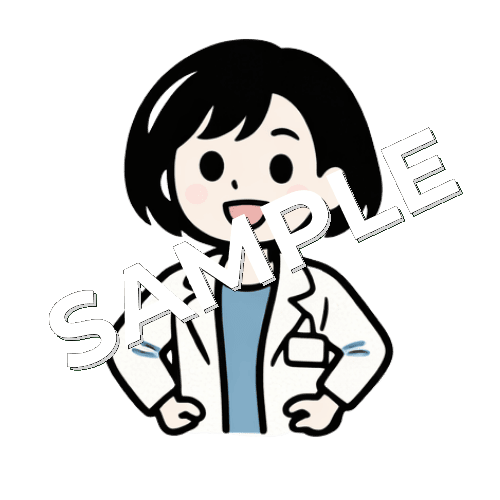 両手を腰に当てるボブヘアの女性薬剤師のイラスト