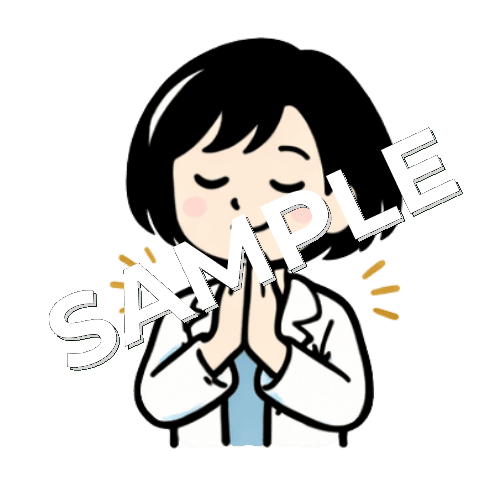 手を合わせて感謝しているボブヘアの女性薬剤師のイラスト