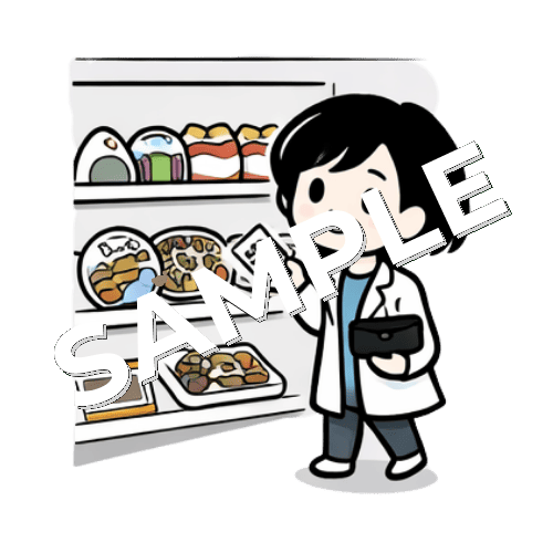 コンビニでご飯を選んでいるボブヘアの女性薬剤師のイラスト