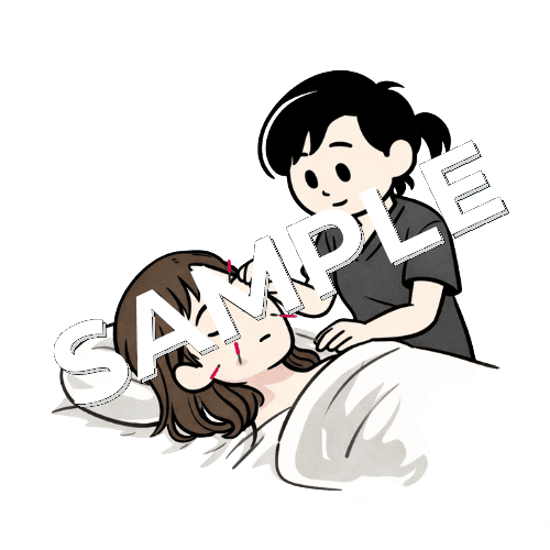 女性患者の顔に鍼治療をしている女性鍼灸師のイラスト