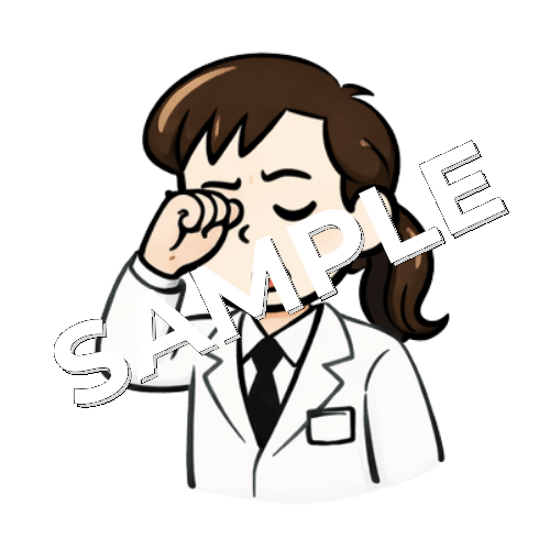 目をこする女性薬剤師のイラスト
