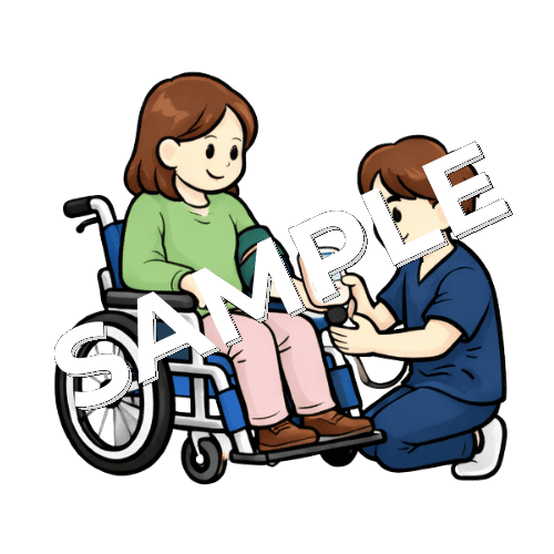 車椅子に座った女性患者の血圧測定をする男性理学療法士のイラスト