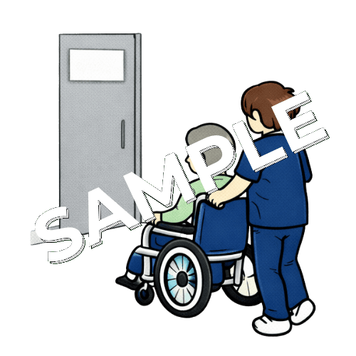 男性患者を車椅子で診察室へ連れていく男性理学療法士のイラスト