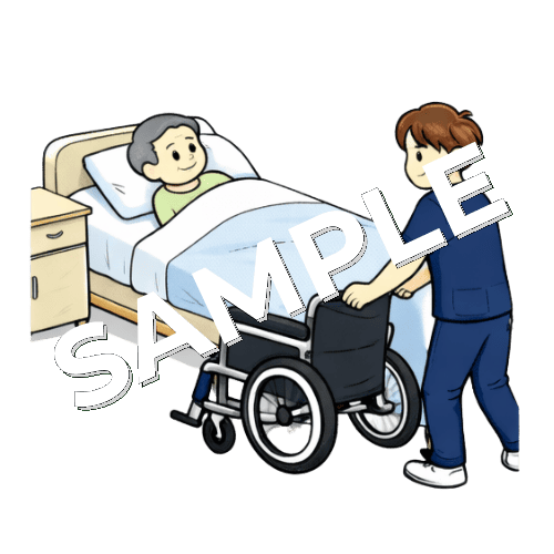 車椅子をもって病室に男性患者を迎えに行く男性理学療法士のイラスト
