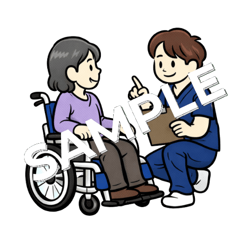 車椅子に座った女性患者に説明をする男性理学療法士のイラスト
