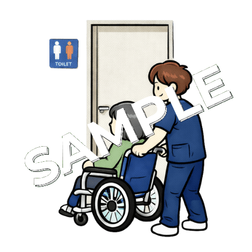 女性患者を車椅子でトイレ誘導する男性理学療法士のイラスト