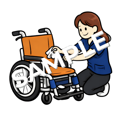 車椅子を拭く女性理学療法士のイラスト