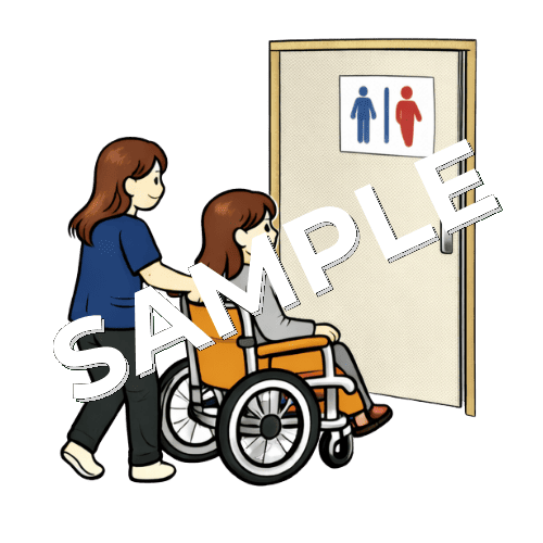 女性患者を車椅子でトイレ誘導する女性理学療法士のイラスト