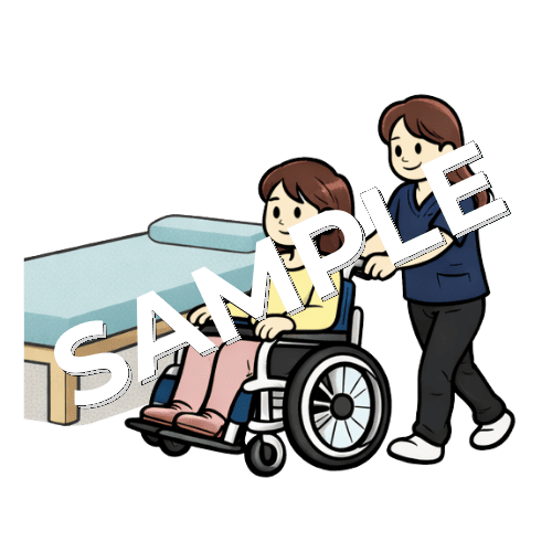 リハビリ室の施術ベッドへ女性患者を車椅子誘導する女性理学療法士のイラスト