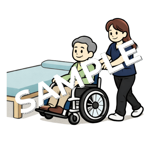 リハビリ室の施術ベッドへ男性患者を車椅子誘導する女性理学療法士のイラスト
